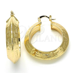 Gold Filled Hoop Earrings — Medium Hoop Greek Key Design Polished 02. — main product view — SKU 118885 | Oro Laminado aretes de aro — Medium Hoop Greek Key diseño pulido 02. — SKU 118885