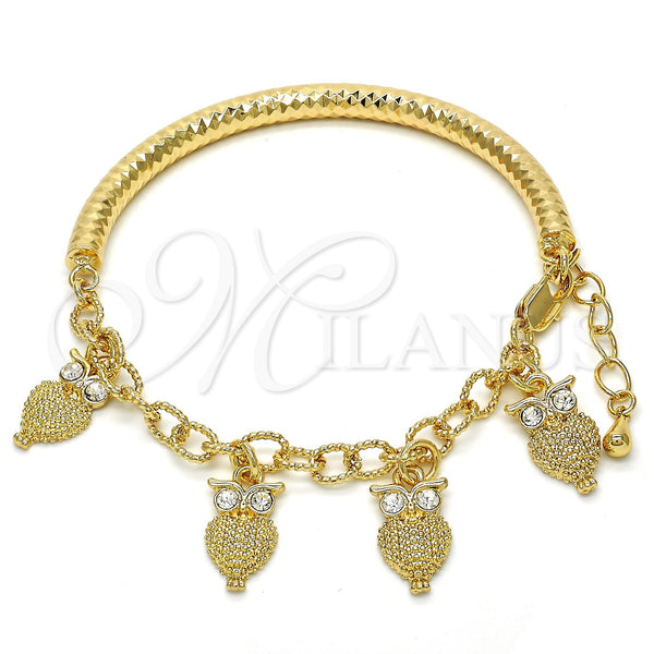 Oro Laminado Charm Bracelet, Gold Filled Style Owl and Hollow Design, with White Crystal, Diamond Cutting Finish, Golden Finish, 03.63.1827.08 (05 MM Thickness, 8 Inches Length)