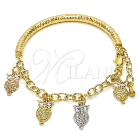 Oro Laminado Charm Bracelet, Gold Filled Style Owl and Hollow Design, with White Crystal, Diamond Cutting Finish, Tricolor, 03.63.1827.1.08 (05 MM Thickness, 8 Inches Length)