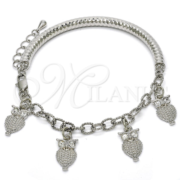 Rhodium Plated Charm Bracelet, Owl and Hollow Design, with White Crystal, Diamond Cutting Finish, Rhodium Finish, 03.63.1827.2.08 (05 MM Thickness, 8 Inches Length)