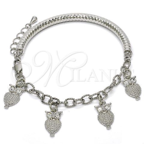 Rhodium Plated Charm Bracelet, Owl and Hollow Design, with White Crystal, Diamond Cutting Finish, Rhodium Finish, 03.63.1827.2.08 (05 MM Thickness, 8 Inches Length)