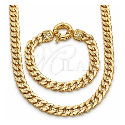 Oro Laminado Necklace and Bracelet, Gold Filled Style Concave Cuban and Greek Key Design, Polished, Golden Finish, 06.179.0004