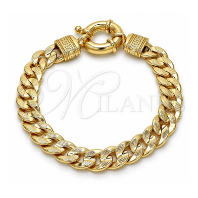 Oro Laminado Basic Bracelet, Gold Filled Style Concave Cuban and Greek Key Design, Polished, Golden Finish, 03.179.0027.08 (10 MM Thickness, 8 Inches Length)