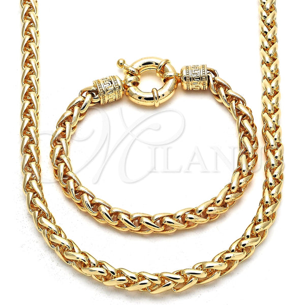 Oro Laminado Necklace and Bracelet, Gold Filled Style Rat Tail and Greek Key Design, Polished, Golden Finish, 06.179.0005.18