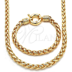 Oro Laminado Necklace and Bracelet, Gold Filled Style Rat Tail and Greek Key Design, Polished, Golden Finish, 06.179.0005.18