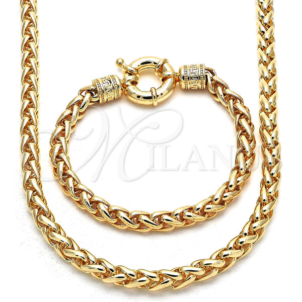 Oro Laminado Necklace and Bracelet, Gold Filled Style Rat Tail and Greek Key Design, Polished, Golden Finish, 06.179.0005