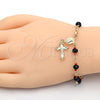 Oro Laminado Bracelet Rosary, Gold Filled Style Caridad del Cobre and Crucifix Design, with Black and Orange Red Azavache, Polished, Golden Finish, 09.63.0110.08