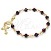 Oro Laminado Bracelet Rosary, Gold Filled Style Caridad del Cobre and Crucifix Design, with Black and Orange Red Azavache, Polished, Golden Finish, 09.63.0110.08