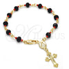 Oro Laminado Bracelet Rosary, Gold Filled Style Caridad del Cobre and Crucifix Design, with Black and Orange Red Azavache, Polished, Golden Finish, 09.63.0110.08