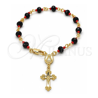 Oro Laminado Bracelet Rosary, Gold Filled Style Caridad del Cobre and Crucifix Design, with Black and Orange Red Azavache, Polished, Golden Finish, 09.63.0110.08