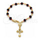 Oro Laminado Bracelet Rosary, Gold Filled Style Caridad del Cobre and Crucifix Design, with Black and Orange Red Azavache, Polished, Golden Finish, 09.63.0110.08
