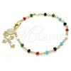 Oro Laminado Bracelet Rosary, Gold Filled Style Guadalupe and Crucifix Design, with Multicolor Azavache, Polished, Golden Finish, 09.63.0103.1.08