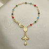 Oro Laminado Bracelet Rosary, Gold Filled Style Guadalupe and Crucifix Design, with Multicolor Azavache, Polished, Golden Finish, 09.63.0103.1.08