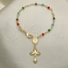 Oro Laminado Bracelet Rosary, Gold Filled Style Guadalupe and Crucifix Design, with Multicolor Azavache, Polished, Golden Finish, 09.63.0103.1.08