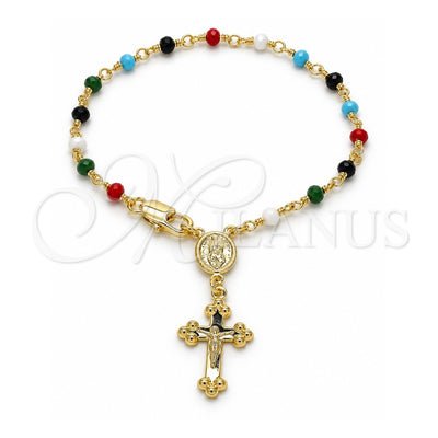 Oro Laminado Bracelet Rosary, Gold Filled Style Guadalupe and Crucifix Design, with Multicolor Azavache, Polished, Golden Finish, 09.63.0103.1.08