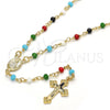 Oro Laminado Thin Rosary, Gold Filled Style Caridad del Cobre and Crucifix Design, with Multicolor Azavache, Polished, Golden Finish, 09.63.0111.18