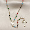 Oro Laminado Thin Rosary, Gold Filled Style Caridad del Cobre and Crucifix Design, with Multicolor Azavache, Polished, Golden Finish, 09.63.0111.18