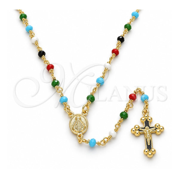 Oro Laminado Thin Rosary, Gold Filled Style Caridad del Cobre and Crucifix Design, with Multicolor Azavache, Polished, Golden Finish, 09.63.0111.18