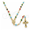 Oro Laminado Thin Rosary, Gold Filled Style Caridad del Cobre and Crucifix Design, with Multicolor Azavache, Polished, Golden Finish, 09.63.0111.18