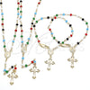 Oro Laminado Thin Rosary, Gold Filled Style Caridad del Cobre and Crucifix Design, with Multicolor Azavache, Polished, Golden Finish, 09.63.0111.18