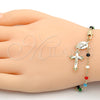 Oro Laminado Bracelet Rosary, Gold Filled Style Caridad del Cobre and Crucifix Design, with Multicolor Azavache, Polished, Golden Finish, 09.63.0111.08