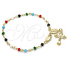 Oro Laminado Bracelet Rosary, Gold Filled Style Caridad del Cobre and Crucifix Design, with Multicolor Azavache, Polished, Golden Finish, 09.63.0111.08
