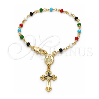 Oro Laminado Bracelet Rosary, Gold Filled Style Caridad del Cobre and Crucifix Design, with Multicolor Azavache, Polished, Golden Finish, 09.63.0111.08