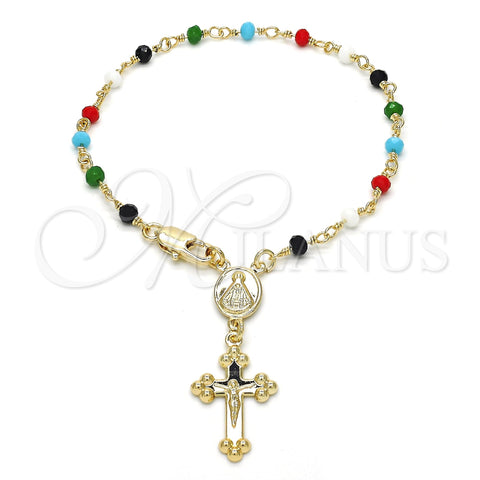 Oro Laminado Bracelet Rosary, Gold Filled Style Caridad del Cobre and Crucifix Design, with Multicolor Azavache, Polished, Golden Finish, 09.63.0111.08