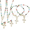 Oro Laminado Bracelet Rosary, Gold Filled Style Caridad del Cobre and Crucifix Design, with Multicolor Azavache, Polished, Golden Finish, 09.63.0111.08