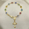 Oro Laminado Bracelet Rosary, Gold Filled Style Guadalupe and Crucifix Design, Multicolor Resin Finish, Golden Finish, 09.63.0107.1.08