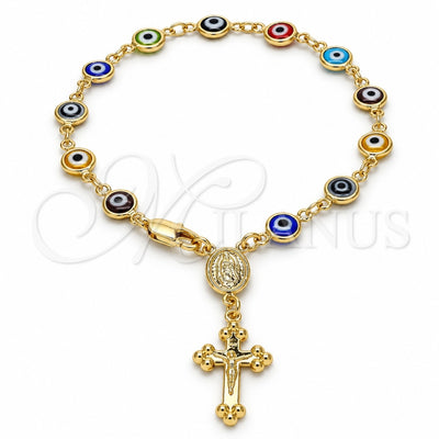 Oro Laminado Bracelet Rosary, Gold Filled Style Guadalupe and Crucifix Design, Multicolor Resin Finish, Golden Finish, 09.63.0107.1.08