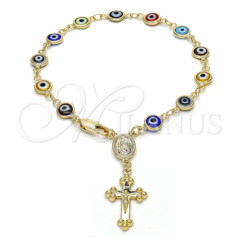 Oro Laminado Bracelet Rosary, Gold Filled Style Guadalupe and Crucifix Design, Multicolor Resin Finish, Golden Finish, 09.63.0107.1.08