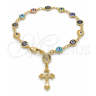 Oro Laminado Bracelet Rosary, Gold Filled Style Caridad del Cobre and Crucifix Design, Multicolor Resin Finish, Golden Finish, 09.63.0113.08