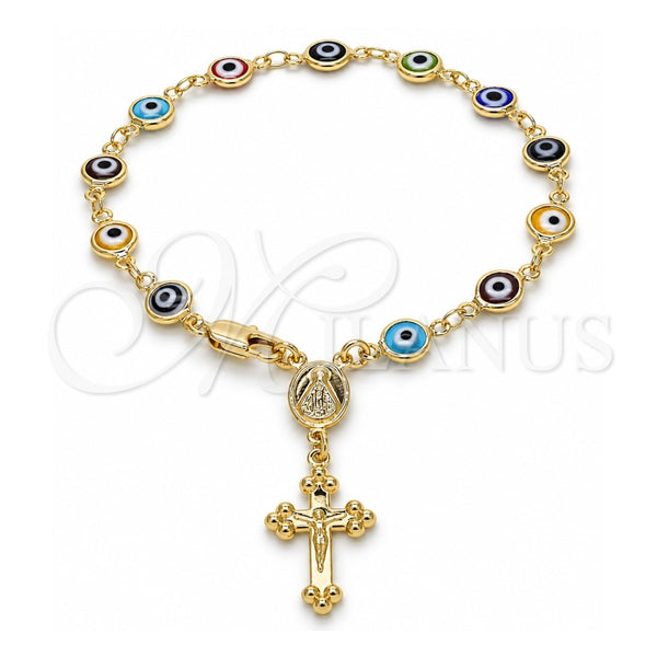 Oro Laminado Bracelet Rosary, Gold Filled Style Caridad del Cobre and Crucifix Design, Multicolor Resin Finish, Golden Finish, 09.63.0113.08