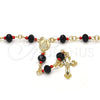 Oro Laminado Medium Rosary, Gold Filled Style Caridad del Cobre and Crucifix Design, with Black and Orange Red Azavache, Polished, Golden Finish, 09.63.0110.18