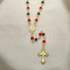 Oro Laminado Medium Rosary, Gold Filled Style Caridad del Cobre and Crucifix Design, with Black and Orange Red Azavache, Polished, Golden Finish, 09.63.0110.18