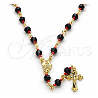 Oro Laminado Medium Rosary, Gold Filled Style Caridad del Cobre and Crucifix Design, with Black and Orange Red Azavache, Polished, Golden Finish, 09.63.0110.18