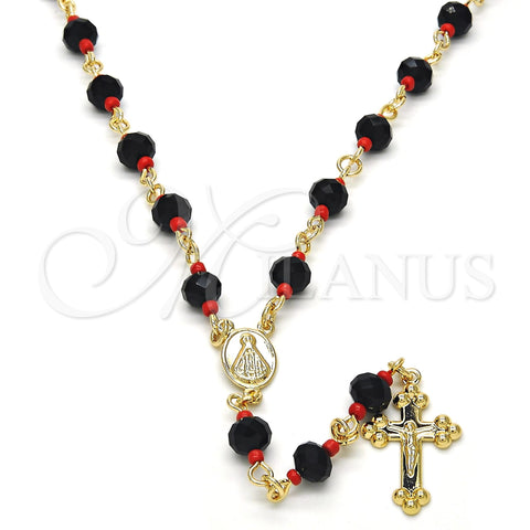 Oro Laminado Medium Rosary, Gold Filled Style Caridad del Cobre and Crucifix Design, with Black and Orange Red Azavache, Polished, Golden Finish, 09.63.0110.18
