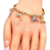Oro Laminado Charm Bracelet, Gold Filled Style Dolphin and Hollow Design, with White Crystal, Diamond Cutting Finish, Tricolor, 03.63.1829.1.08 (05 MM Thickness, 8 Inches Length)