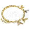 Oro Laminado Charm Bracelet, Gold Filled Style Dolphin and Hollow Design, with White Crystal, Diamond Cutting Finish, Tricolor, 03.63.1829.1.08 (05 MM Thickness, 8 Inches Length)