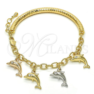 Gold Filled Bracelet — Charm Bracelet Dolphin and Hollow Design with White — main product view — SKU 119024 | Oro Laminado brazalete — Charm Bracelet Dolphin and Hollow diseño with blanco — SKU 119024