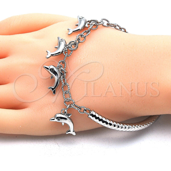 White Gold Filled Bracelet — Charm Bracelet Dolphin and Hollow Design with White — alternate product view — SKU 119025 | Oro Laminado Blanco brazalete — Charm Bracelet Dolphin and Hollow diseño with blanco — SKU 119025