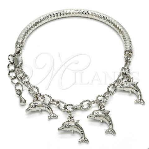 Rhodium Plated Charm Bracelet, Dolphin and Hollow Design, with White Crystal, Polished, Rhodium Finish, 03.63.1829.2.08 (05 MM Thickness, 8 Inches Length)