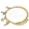 Oro Laminado Charm Bracelet, Gold Filled Style Dolphin and Hollow Design, with White Crystal, Pink Enamel Finish, Tricolor, 03.63.1830.1.08 (05 MM Thickness, 8 Inches Length)