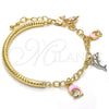 Oro Laminado Charm Bracelet, Gold Filled Style Dolphin and Hollow Design, with White Crystal, Pink Enamel Finish, Tricolor, 03.63.1830.1.08 (05 MM Thickness, 8 Inches Length)