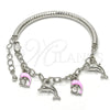 Rhodium Plated Charm Bracelet, Dolphin and Hollow Design, with White Crystal, Pink Enamel Finish, Rhodium Finish, 03.63.1830.2.08 (05 MM Thickness, 8 Inches Length)
