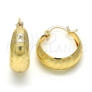 Gold Filled Hoop Earrings — Small Hoop Greek Key Design Polished 02. — main product view — SKU 119033 | Oro Laminado aretes de aro — Small Hoop Greek Key diseño pulido 02. — SKU 119033