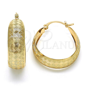Gold Filled Hoop Earrings — Medium Hoop Greek Key Design Polished 02. — main product view — SKU 119034 | Oro Laminado aretes de aro — Medium Hoop Greek Key diseño pulido 02. — SKU 119034