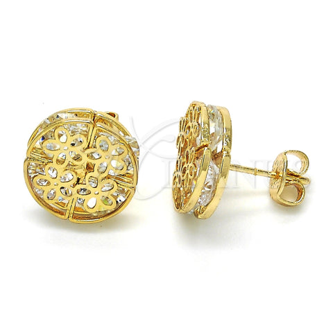 Oro Laminado Stud Earring, Gold Filled Style Flower Design, with White Cubic Zirconia, Polished, Golden Finish, 02.106.0018