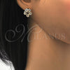 Oro Laminado Stud Earring, Gold Filled Style Flower Design, with White Cubic Zirconia, Polished, Golden Finish, 02.106.0025